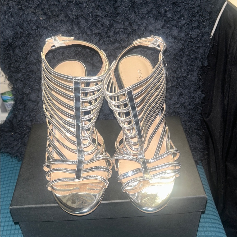 NWT Christian Siriano for Payless,  Silver Strappy Heeled Sandals, size 7